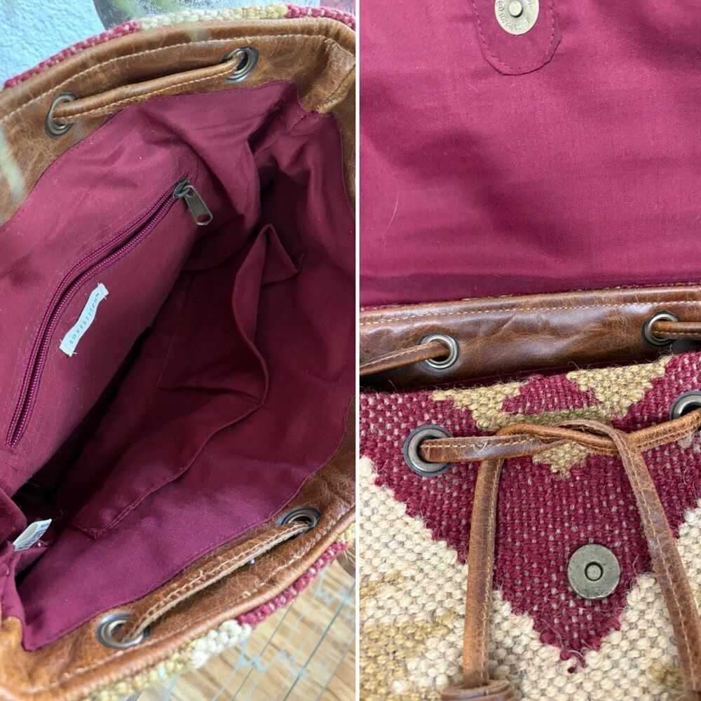 Lovestitch Wine Carpet Backpack Ikat Jute Leather Tassel Boho Festival Bag - Picture 11 of 12